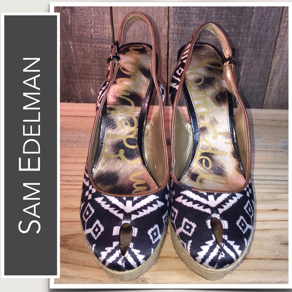 Sam Edelman Novato Peep Toe Leather Slingbacks Black-White Silk in Aztec Pattern - Picture 3 of 7